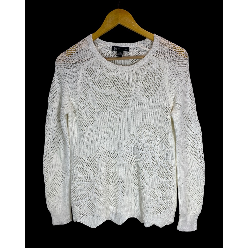 INC Womens White Floral Open Knit Linen Blend Sweater M Coastal Vacay Minimalist